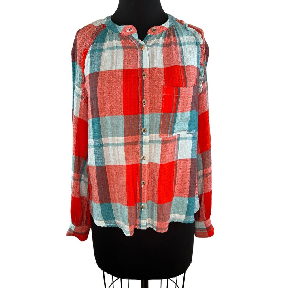 Anthropologie Pilcro Letterpress Red Green Plaid Button Up Long Sleeve Top XS